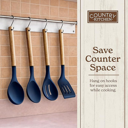 Country Kitchen Non Stick Silicone Utensil Set with Rounded Wood Handles for Cooking and Baking, 8 Piece Set, Navy