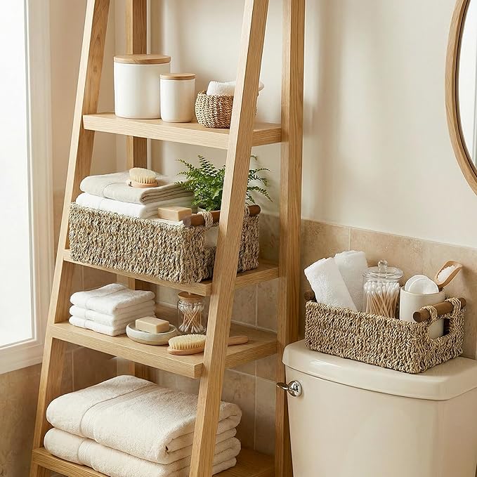 2 Pack Wicker Basket with Wooden Handles for Shelves, Handmade Storage Baskets for Home Organizing, Decorative Organizer Bins for Living Room Bathroom, Bedroom, Kitchen