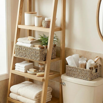 2 Pack Wicker Basket with Wooden Handles for Shelves, Handmade Storage Baskets for Home Organizing, Decorative Organizer Bins for Living Room Bathroom, Bedroom, Kitchen