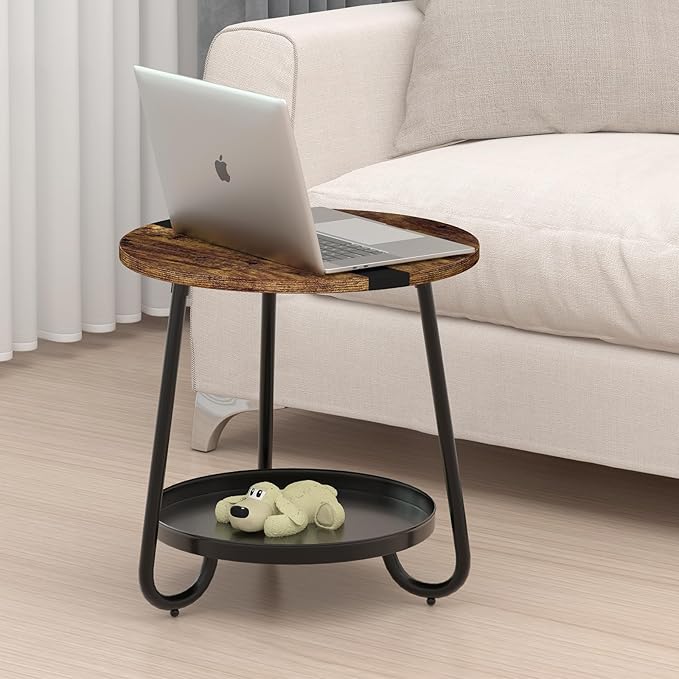 2 Tier Coffee Table in Living Room, Industrial Style Round Coffee Table with Metal Tray, Wood Small Outdoor Coffee Table for Bedroom Balcony Patio, Rustic Brown