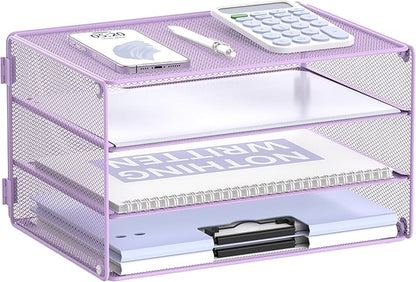 DALTACK 3 Tier Letter Tray Paper Organizer for Desk, Mesh Metal Desk File Organizer with Sliding Trays for Letter/A4 Paper, Mail, Bills & Folders, Light Purple