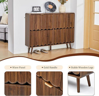 ORRD Shoe Storage Cabinet for Entryway with 4 Flip Drawers, Freestanding Narrow Wood Shoe Cabinet with Wave Panel, Hidden Shoe Organizer for Foyer, Hallway (Walnut)