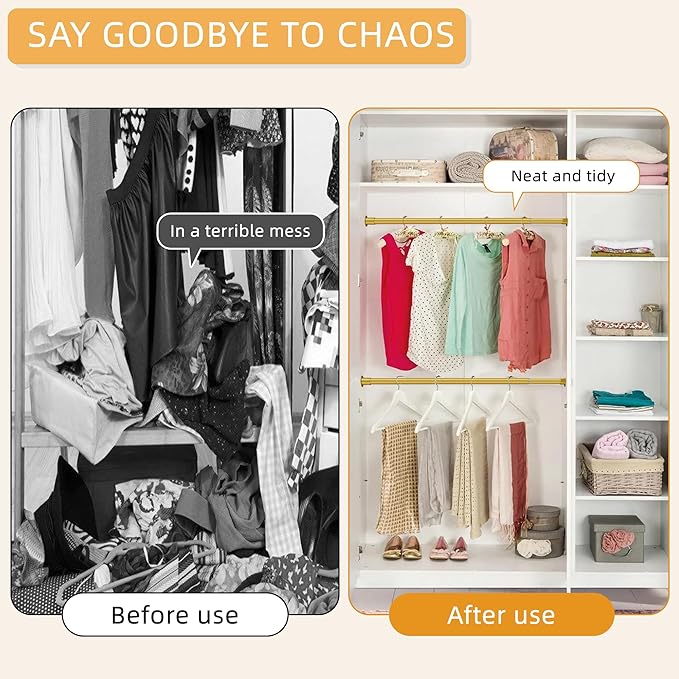 1.3 Inch Diameter Closet Rods for Hanging Clothes 17-87 Inch Adjustable, Metal Heavy Duty Closet Pole, Gold Closet Bar for Hanging Clothes, Suitable for Closet, Wardrobes, Bathroom, Windows