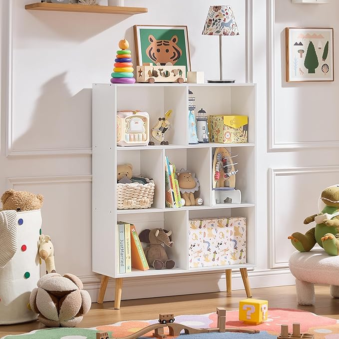 LEYAOYAO Cube Bookshelf 3 Tier Mid-Century White Modern Bookcase with Legs,Retro Wood Bookshelves Storage Organizer Shelf,Freestanding Open Book Shelves for Bedroom,Living Room,Office