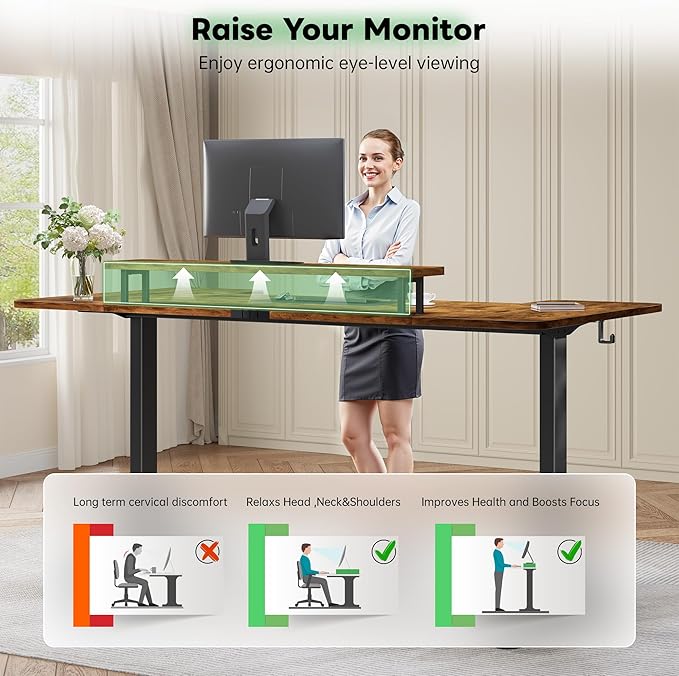 EnHomee 71 Inch Standing Desk Adjustable Electric with Monitor Stand, Computer Desk with Power Strip, Memory Height Home Office Desk for Home and Study Room, Rustic Brown