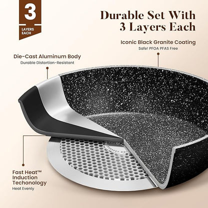 Kitchen Academy 17-Piece Induction Cookware Set, Nonstick Black Granite Pots and Pans
