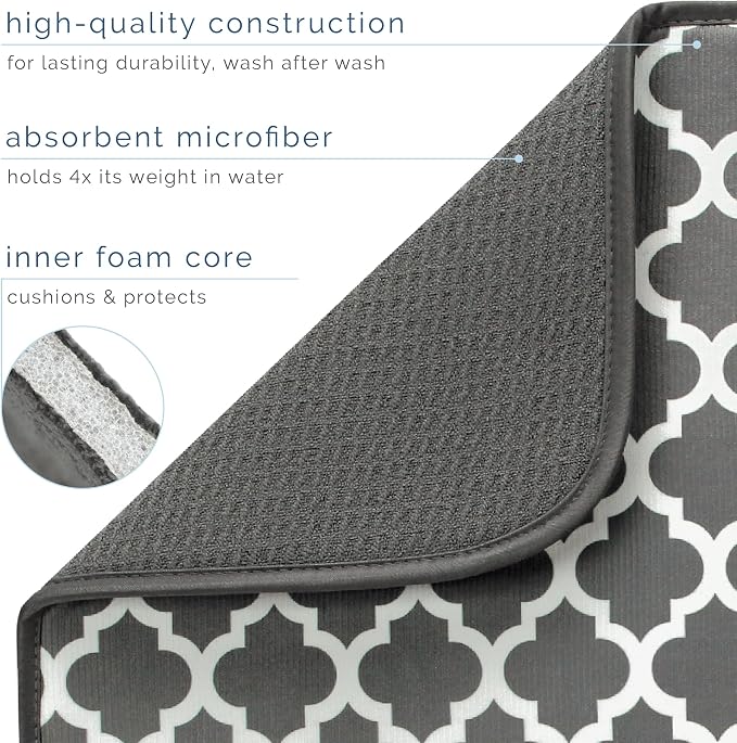 S&T INC. Dish Drying Mat XL, 18” x 24”, Absorbent Microfiber Kitchen Counter Mat, Dish Drying Pad for Dishes, Utensils, Pots and Pans, Extra Large, Pewter Grey Trellis