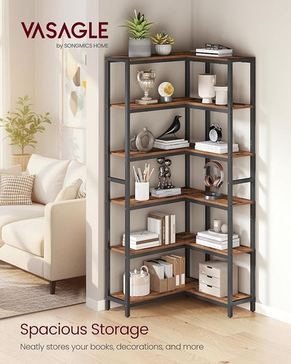 VASAGLE 6 Tier Bookshelf with Metal Frame, Convertible Industrial Corner Shelf, 9.4 x 40.2 x 69 Inches, for Living Room, Bedroom, Home Office, Rustic Brown and Ink Black ULLS606K01