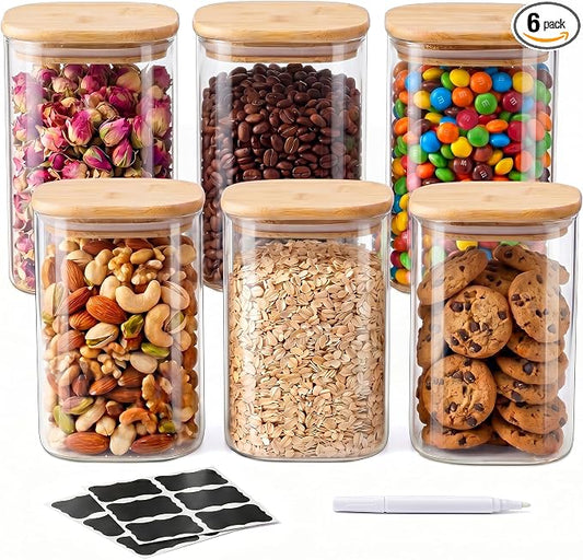 SENTVEND 37 Oz Glass Storage Jars with Bamboo Lids - 6 Pack Clear Glass Canisters Square Airtight Stackable Ideal for Pantry Storage Containers Organizers Great for Storing Oats Coffee Beans Nuts etc