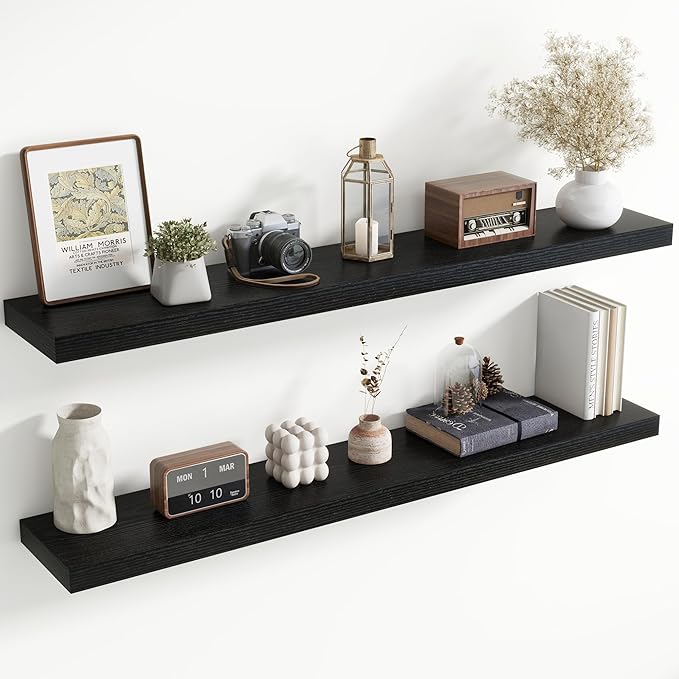 55 Inch Floating Shelves for Wall, 8 Inch Deep Floating Shelf for Storage & Display, Rustic Wall Mounted Shelf with Invisible Brackets for Living Room, Kitchen, Bathroom, Home Decor, Set of 2, Black