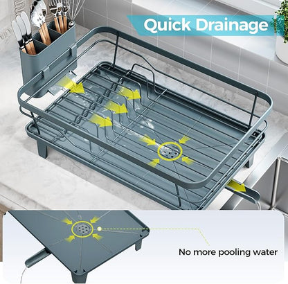 Urackify Dish Drying Rack for Kitchen Counter, Sink Dish Rack with Drainboard, Large Dish Drainer with Cups Holder, Home Countertop Plate Dryer Storage Rack with Cutlery Holder, Blue