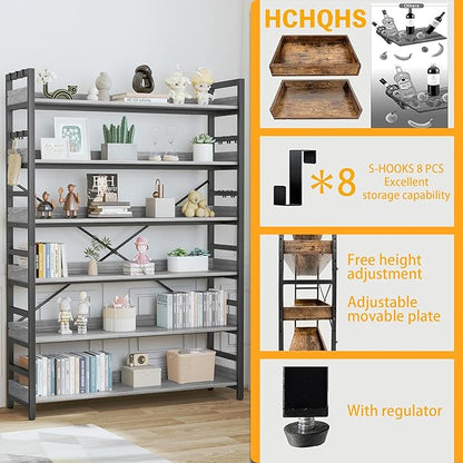HCHQHS Bookshelf, Adjustable Industrial Bookcase, Vertical Tall Book Shelf, Wood and Black Metal Open Bookshelves for Home Office, Living Room, Bedroom (Grey, 6-Tier (47" W x 70" H))