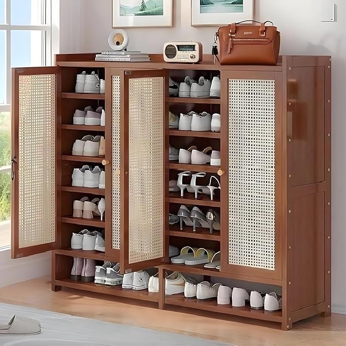 7-Tier Bamboo Shoe Cabinet，Shoe Storage Cabinet with Doors, 36-40 Pairs Freestanding Shoes Cabinet Organizer, Large Shoe Cabinet for Entryway, Hallway, Living Room