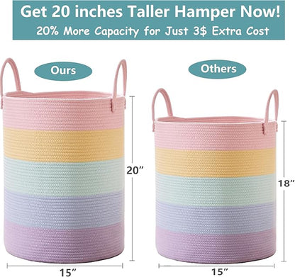 15Dx20H inches Baby Girls Kids Hamper Rainbow Laundry Basket for Nursery Clothes Pastel Unicorn Woven Hamper in Playroom Bedroom 60L Large Tall Blanket Basket for Toy Storage