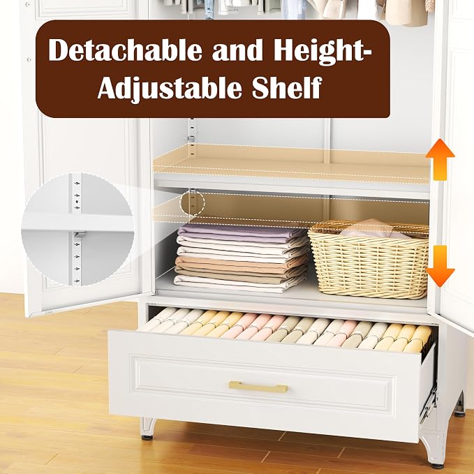 SteeLoong 71" Metal Armoire Wardrobe Closet with Drawer，Tall Clothing Storage Cabinet with Adjustable Shelves and Hanging Rod,White Wardrobe Closet for Bedroom,Home,Office,Gym