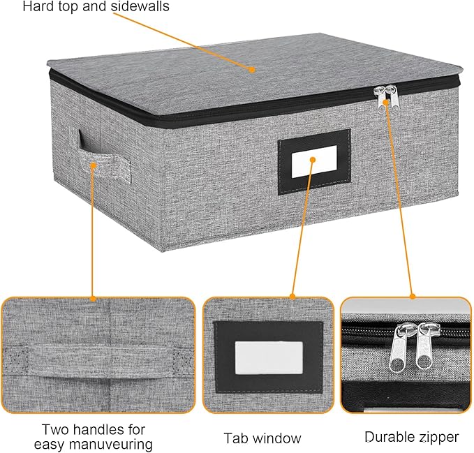 Coffee Mug Storage Box with Dividers, China Storage Containers Hard Shell ,Glassware Storage Containers with Zipper Lid and Handles, Stackable for 12 Mugs, Tea Cups, Moving & Packing (Light Grey)