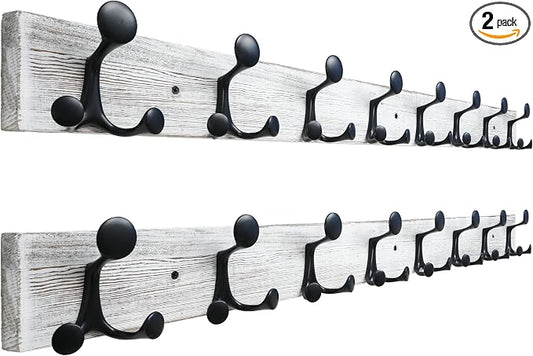 SKOLOO 43-Inch Wood Coat Rack Wall Mount with 8 Triple Hooks - Ideal for Family Entrances, Classrooms, and Pet Supplies Storage - Perfect Coat Hooks for Wall,Distressed White Wash, Pack of 2