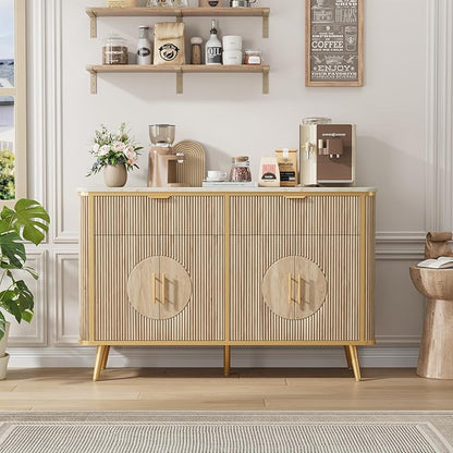 47.2" Buffet Storage Cabinet, Modern Fluted Coffee Bar Station with 2 Drawers & Adjustable Shelves, Kitchen Sideboard Buffet for Dining Room, Living Room, Hallway, Natural Oak