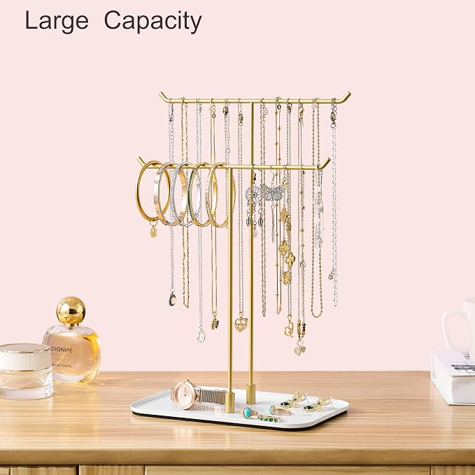 bussdis Gold Jewelry Organizer Necklace Holder Stand: 2-Tier T-Bar Display with White Metal Tray, Holds Necklaces Bracelets Earrings, Countertop Jewelry Tree