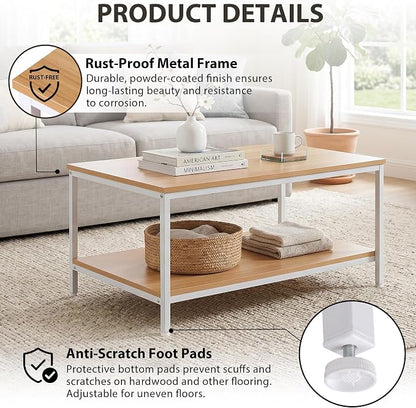 SUPER DEAL 2-Tier Industrial Coffee Table with Storage Shelf for Small Apartment Living Room, Rectangle Wood and Stable Metal TV Stand Side End Table, Natural Wood