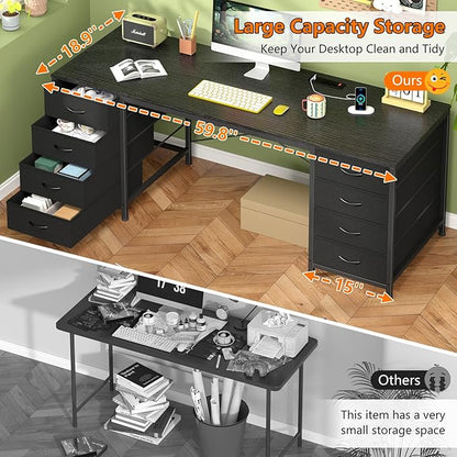 60 Inch Computer Desk with 8 Drawers, Home Office Desk with Power Outlets, Work Study Gaming Desk with 8 Fabric Drawers, Black