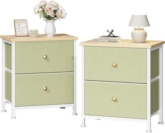 DUMOS Nightstand Small Dresser with 2 Fabric Drawers Side Tables Bedroom End Table Kids Bedside Storage Furniture for 20 inch Tall Night Stand for Closet, Entryway, College Dorm, Light Green 2Pack