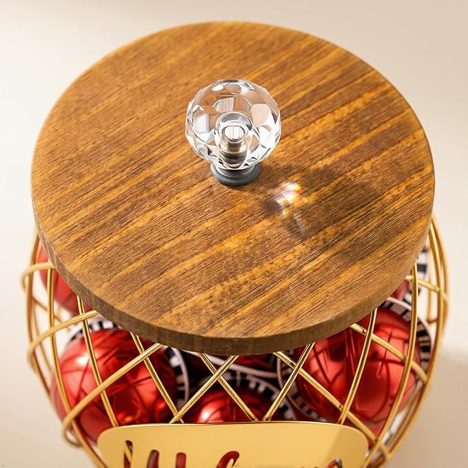 Gold Metal Wire Coffee Pod Holder Basket with Wood Base & Lid, Crystal Knob Capsule Storage Organizer Compatible with Nespresso Vertuo, Holds 60 Original or 26 Vertuo for Coffee Station Countertop