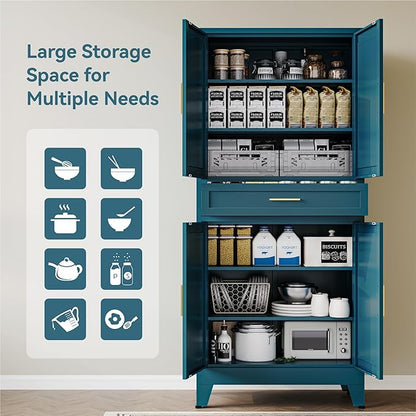 COFaR 71" Pantry Cabinet with Drawer, Peacock Blue Storage Cabinet with Adjustable Shelves, 3-Section Modern Statement Cupboard for Kitchen & Bathroom