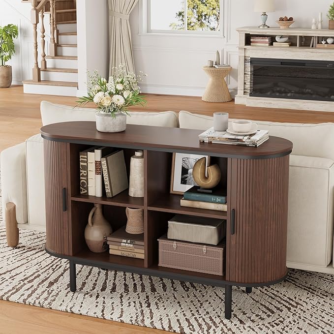 QUW Console Table with Sliding Tambour Doors, 47" TV Stand with Storage & Adjustable Open Shelves for TVs up to 55", Modern Entryway Table for Living Room, Foyer, Hallway, Dark Walnut