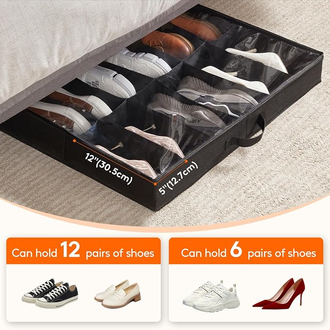 Lifewit Under Bed Shoe Storage Organizer 1 Pack(12 Shoes Cells+4 Boots Cells), 4.3 Inches Profile Fabric Shoes Container Box with Clear Cover, Foldable Storage Bag with 2 Handles, Fits 10 to 16 Pairs