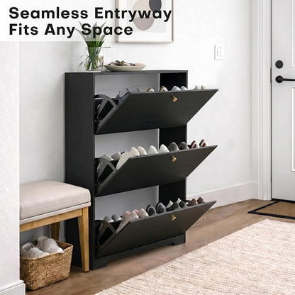 Nicetree Shoe Cabinet with 3 Flip Drawers, Narrow Shoe Organizer Cabinet, Freestanding Shoe Rack Cabinet, Modern Shoe Storage Cabinet for Entryway, Hallway, Foyer, Black with Hook
