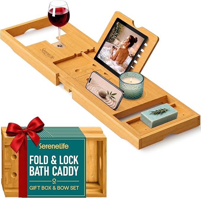 SereneLife Premium Bathtub Tray Caddy, Expandable Bath Tray, Unique House Warming Gifts, Gift for Mom, Women, New Home, Wedding, Anniversary, Bridal Shower, Universal Fit for All Tub