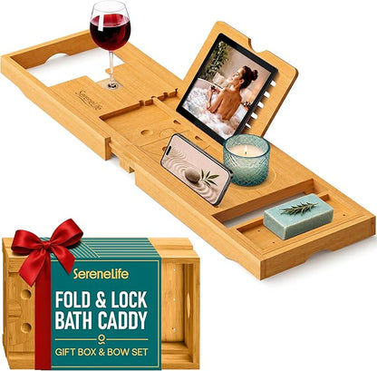SereneLife Premium Bathtub Tray Caddy, Expandable Bath Tray, Unique House Warming Gifts, Gift for Mom, Women, New Home, Wedding, Anniversary, Bridal Shower, Universal Fit for All Tub
