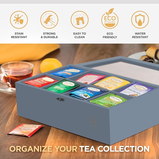 Tea Bag Organizer with Drawer - Gray Bamboo Tea Box Organizer, 8-Compartment Tea Storage Box with Acrylic Lid and Magnetic Closure, Tea Box for Kitchen Counter, Gifts for Mom, Wife, Tea Lovers (Grey)