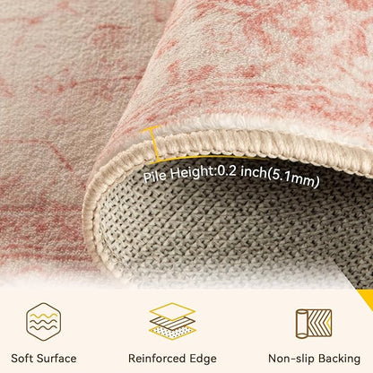 RELEANY Area Rugs Runner 2'x6' Washable Non-Slip, Floral Vintage Distress Medallion Carpet for Kitchen Hallway Bedroom Beside Laundry Room Bathroom, Pink Light Vintage Pink
