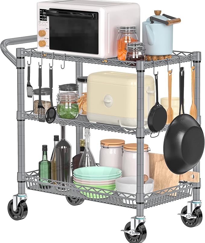 Folews Rolling Cart with Wheels, Heavy Duty 3 Tier Metal Utility Cart 990lbs Capacity, Multi-Purpose Wire Rolling Storage Trolley for Kitchen Garage Office Commercial Use, Gray