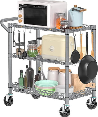 Folews Rolling Cart with Wheels, Heavy Duty 3 Tier Metal Utility Cart 990lbs Capacity, Multi-Purpose Wire Rolling Storage Trolley for Kitchen Garage Office Commercial Use, Gray