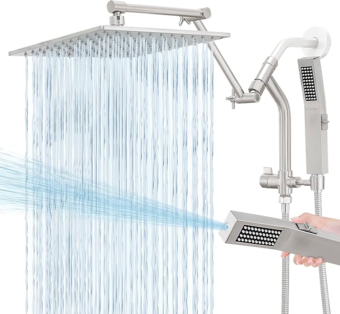 All Metal 10 Inch Rain Shower Head with Handheld Built-in Power Wash Mode, High Pressure Waterfall Rainfall Square Shower Heads with 16" Adjustable Extension Arm, Dual Showerhead(Brushed Nickel)