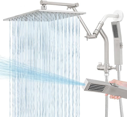 All Metal 10 Inch Rain Shower Head with Handheld Built-in Power Wash Mode, High Pressure Waterfall Rainfall Square Shower Heads with 16" Adjustable Extension Arm, Dual Showerhead(Brushed Nickel)