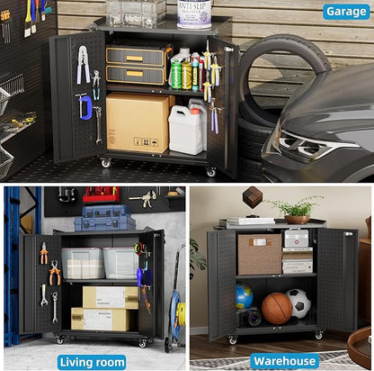 Metal Storage Cabinets with Door Pegboard,Lockable Garage Storage Cabinets with Wheels for Garage, Home, Office,Assembly Required,Black,13.8" D x 26" W x 34.3" H