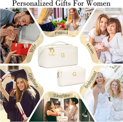 Valentine's Day Gifts for Women Teen Girl, Personalized Initial Makeup Organizer Bag Set, Open Flat Travel Cosmetic Bag With Clear Divider and Handle(Beige,G)