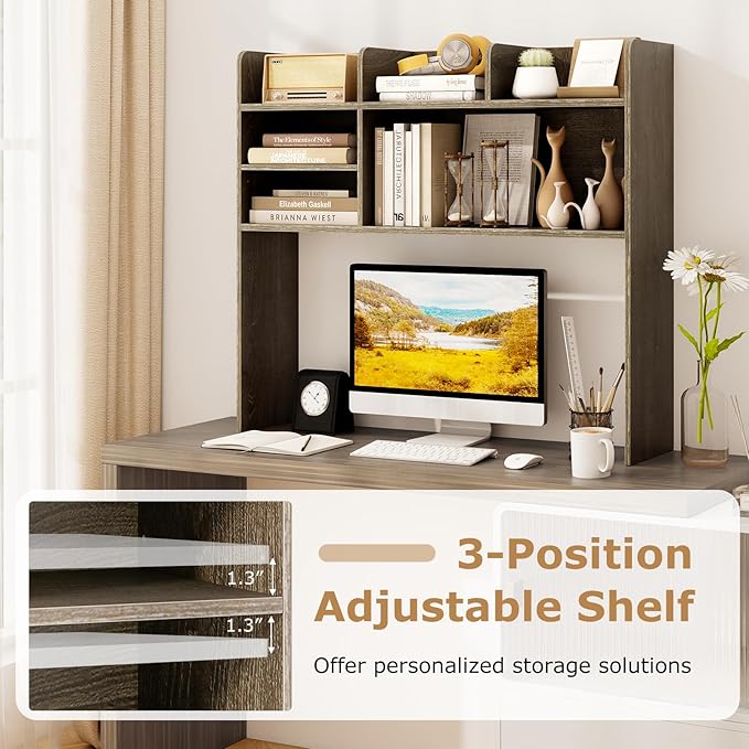 Desk Hutch, Desktop Shelf with 6 Shelves, Desk Bookshelf w/Anti-Toppling Devices, Wood Table Top Bookshelf Organizer, Small Desk Shelf for Study, Office, Dorm (Grey, 6 Shelves)