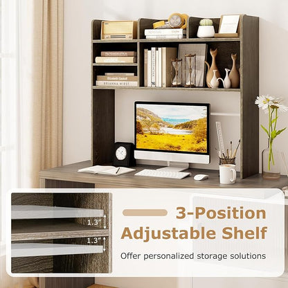 Desk Hutch, Desktop Shelf with 6 Shelves, Desk Bookshelf w/Anti-Toppling Devices, Wood Table Top Bookshelf Organizer, Small Desk Shelf for Study, Office, Dorm (Grey, 6 Shelves)