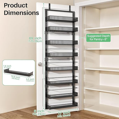 SNTD 8 Tiers Over the Door Organizer - Height Adjustable Pantry Organizers and Storage with Dense Mesh Baskets, Anti-Swing Hanging Door Spice Rack for Kitchen Bathroom (Black, 17" W x 6" D x 69" H)