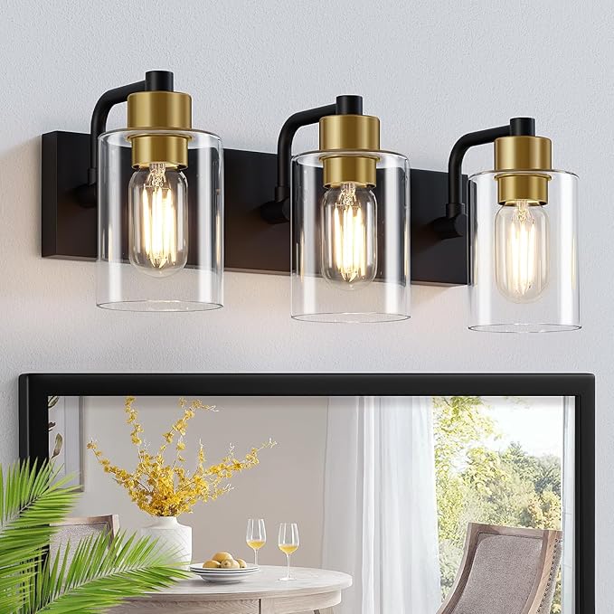 Bathroom Light Fixtures,Matte Black and Gold 3-Light Bathroom Lights with Clear Glass Shade,Modern Wall Sconces Over Mirror for Bathroom, Black&Gold, JD-188