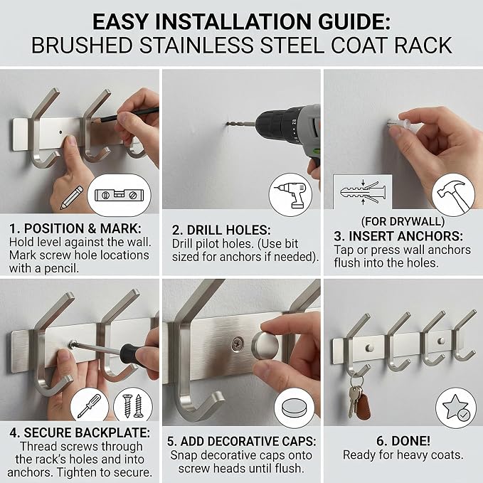 Coat Rack Wall Mount – Brushed Nickel 12 Inch Stainless Steel Hook Rail with 4 Heavy Duty Double Coat Hooks – Wall Mounted Coat Hanger for Entryway, Bathroom, Bedroom, Towel, Hat Organizer