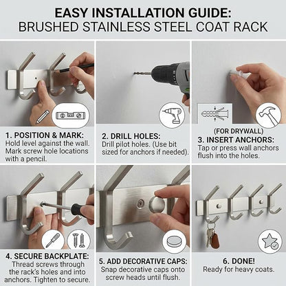 Coat Rack Wall Mount – Brushed Nickel 12 Inch Stainless Steel Hook Rail with 4 Heavy Duty Double Coat Hooks – Wall Mounted Coat Hanger for Entryway, Bathroom, Bedroom, Towel, Hat Organizer