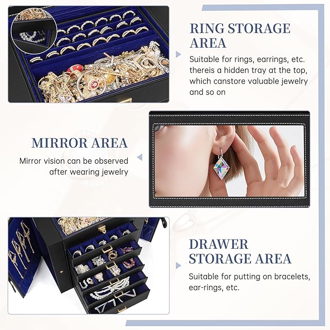 AKOZLIN 6-Tier Jewelry Box Organizer Functional 5 Drawers Leather Jewelry Storage Case for Women Girls Ring Necklace Earring Bracelet Holder Organizer with Mirror Extra Large BlackBlue