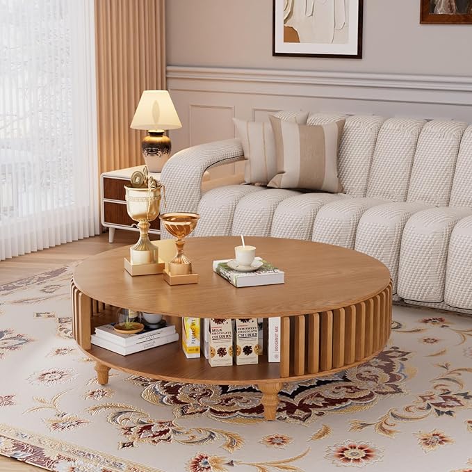 2-Tier Round Coffee Table 39.4" Round Coffee Table with Storage Mid-Century Modern Circle Accent Center Table Farmhouse Low Cocktail Tea Furniture for Living Room Small Spaces (39.4" Round)