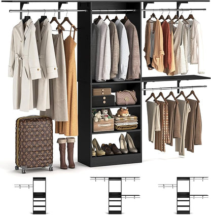 8FT Closet System with Shelves, 96'' Closet Organizer System with 3 Hanging Rods, Wall Mount Bedroom Wardrobe Walk-in Closet, Adjustable Cloth Garment Rack from 5 to 8FT (Cut to Fit), Black